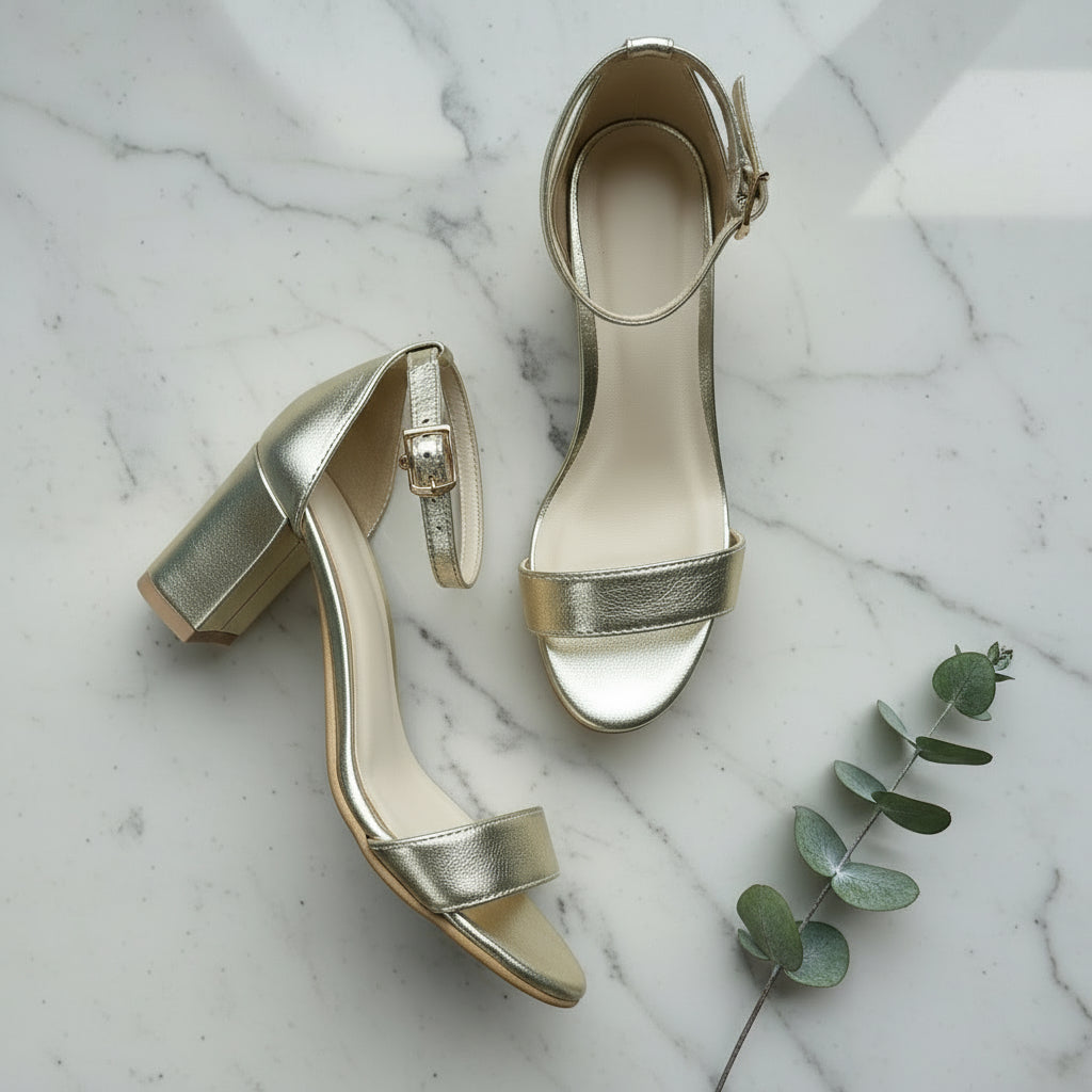 TRINITY gold metallic leather sandals with 7cm block heel and ankle strap, elegant design for petite feet on marble surface
