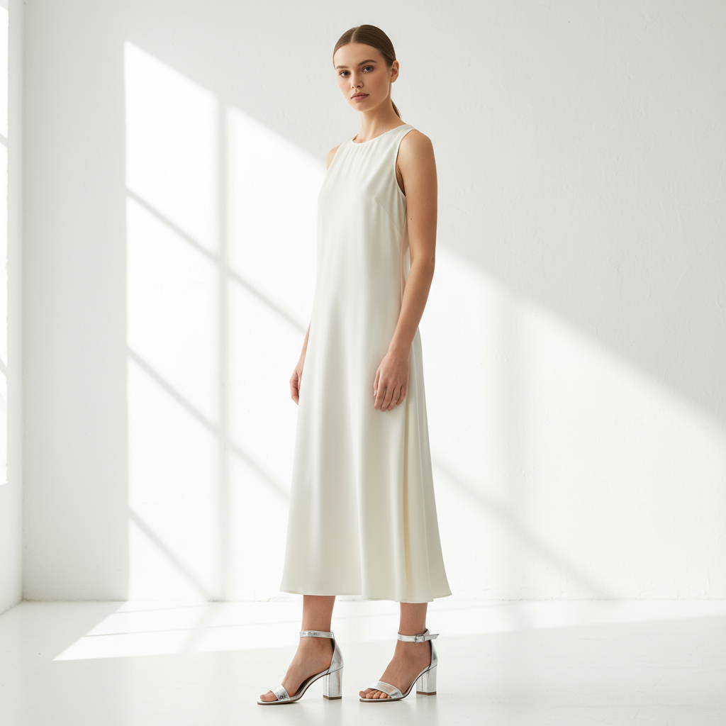 Woman wearing a white dress in a bright, minimalistic setting