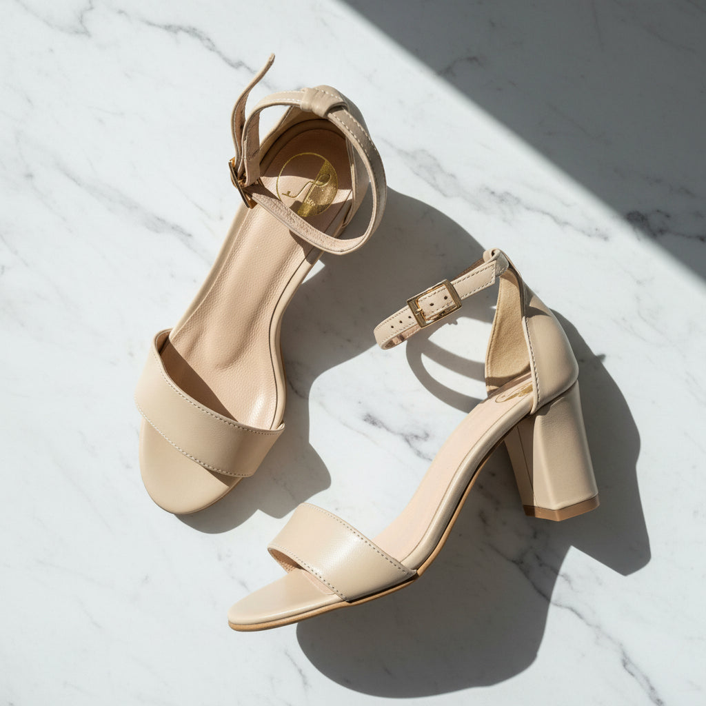 A pair of nude leather block heel ankle strap sandals set on a white marble surface. 