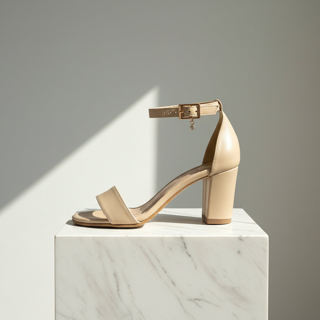 Beige leather ankle strap sandals set on a marble stand.