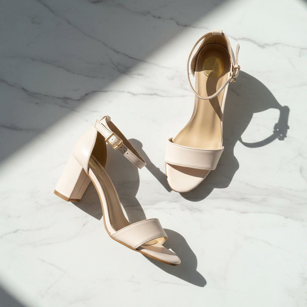 Pair of beige high-heeled sandals on a light marble surface