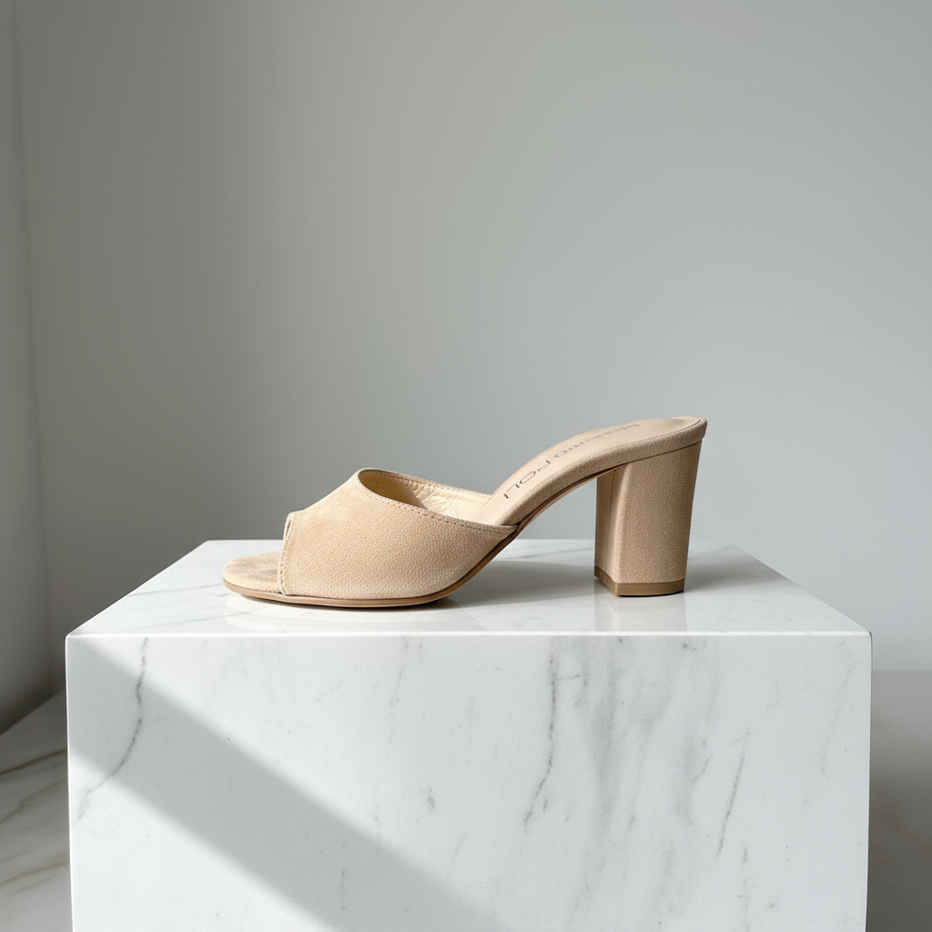 Beige sandal on a white marble block with a gray background