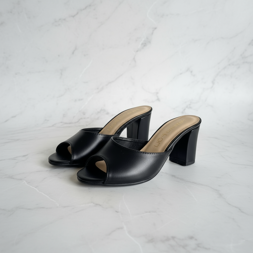 Pair of black open-toe high-heeled shoes on a light marble background