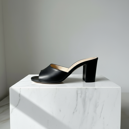 Black sandal on a white marble block with a gray background