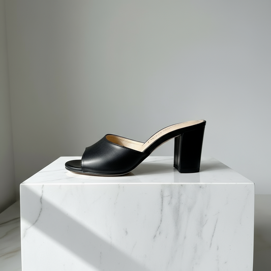 Black sandal on a white marble block with a gray background