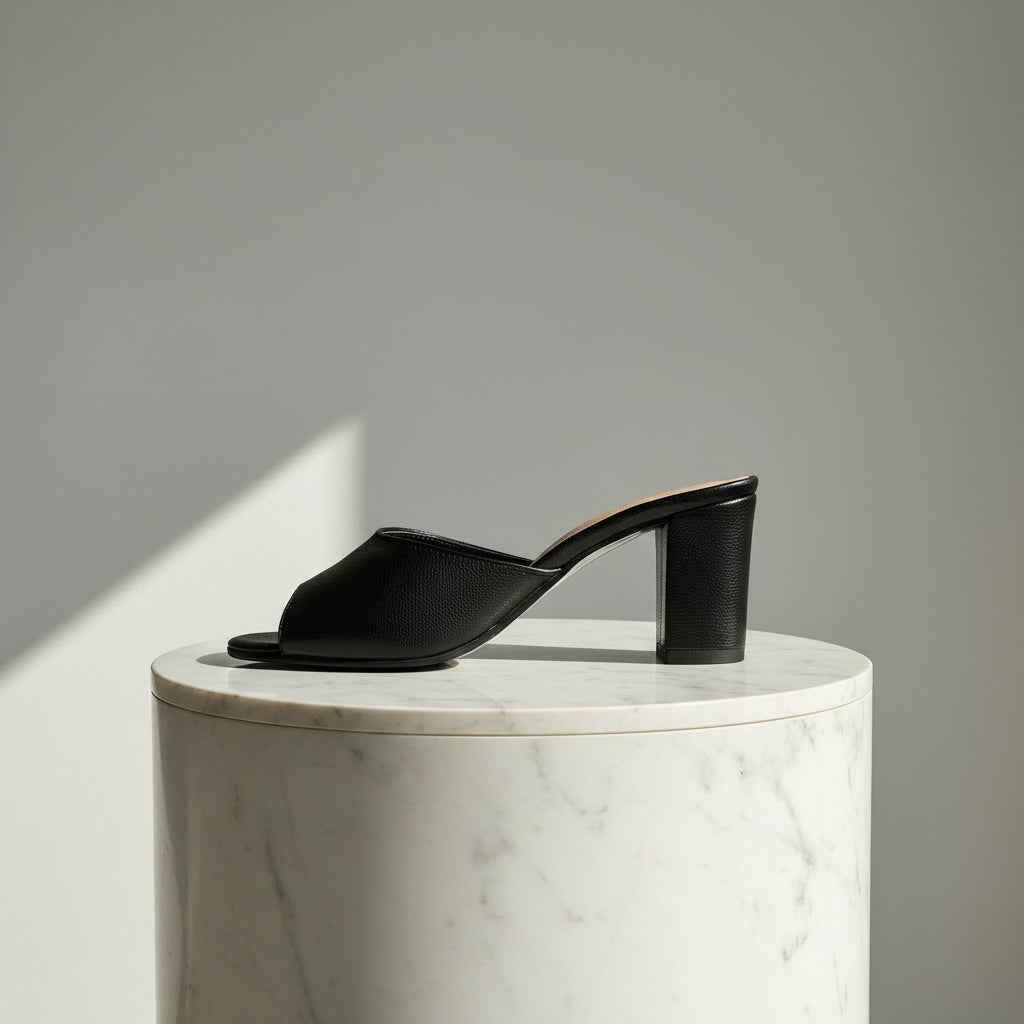 Black leather high heel mule set on a round marble pedestal. 