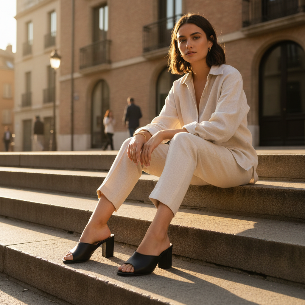 Woman sitting on steps in an urban setting wearing a light-colored outfit.