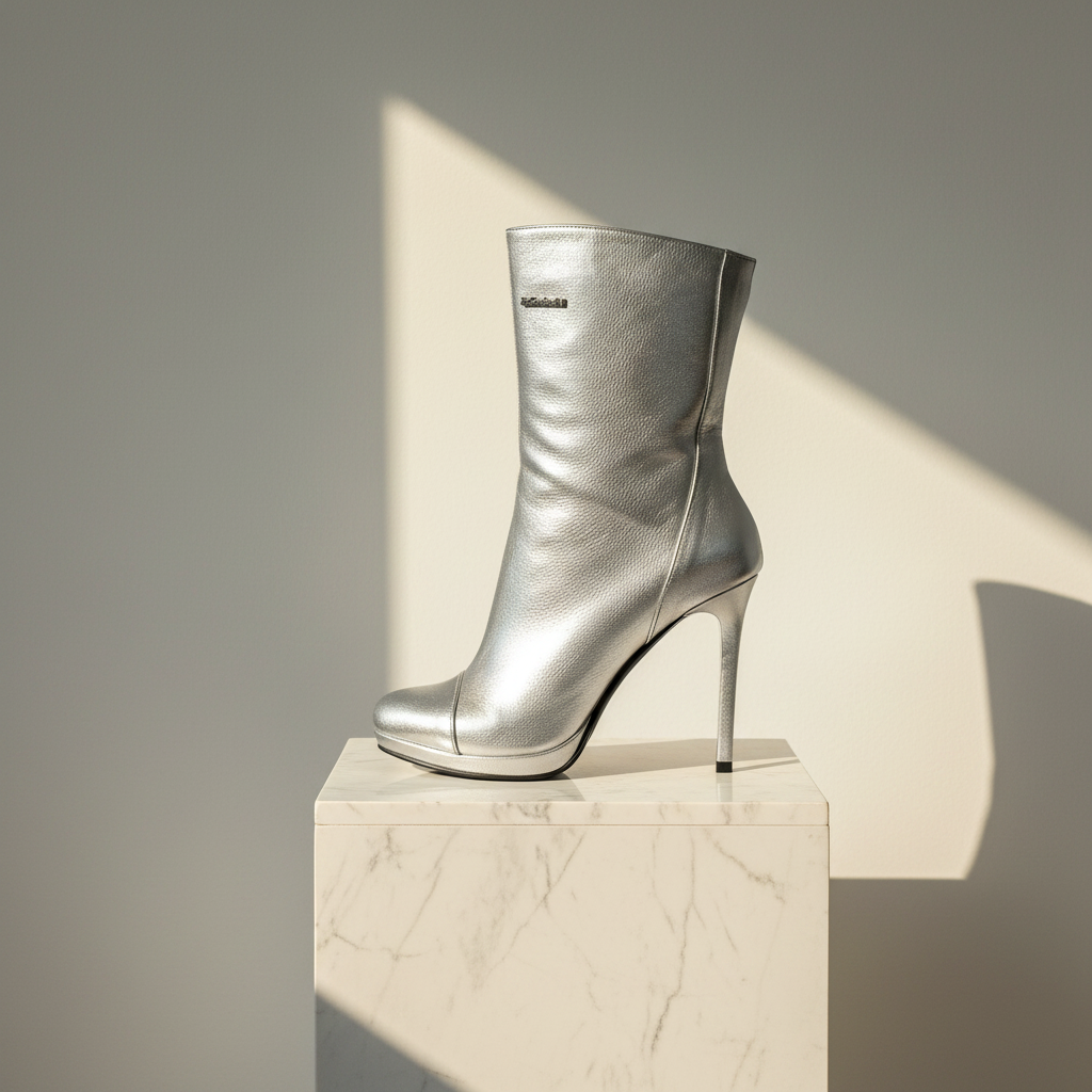A metallic silver mid-calf heeled boot with a pointed toe, standing on a white marble pedestal against a warm gray wall with dramatic diagonal sunlight and shadows.