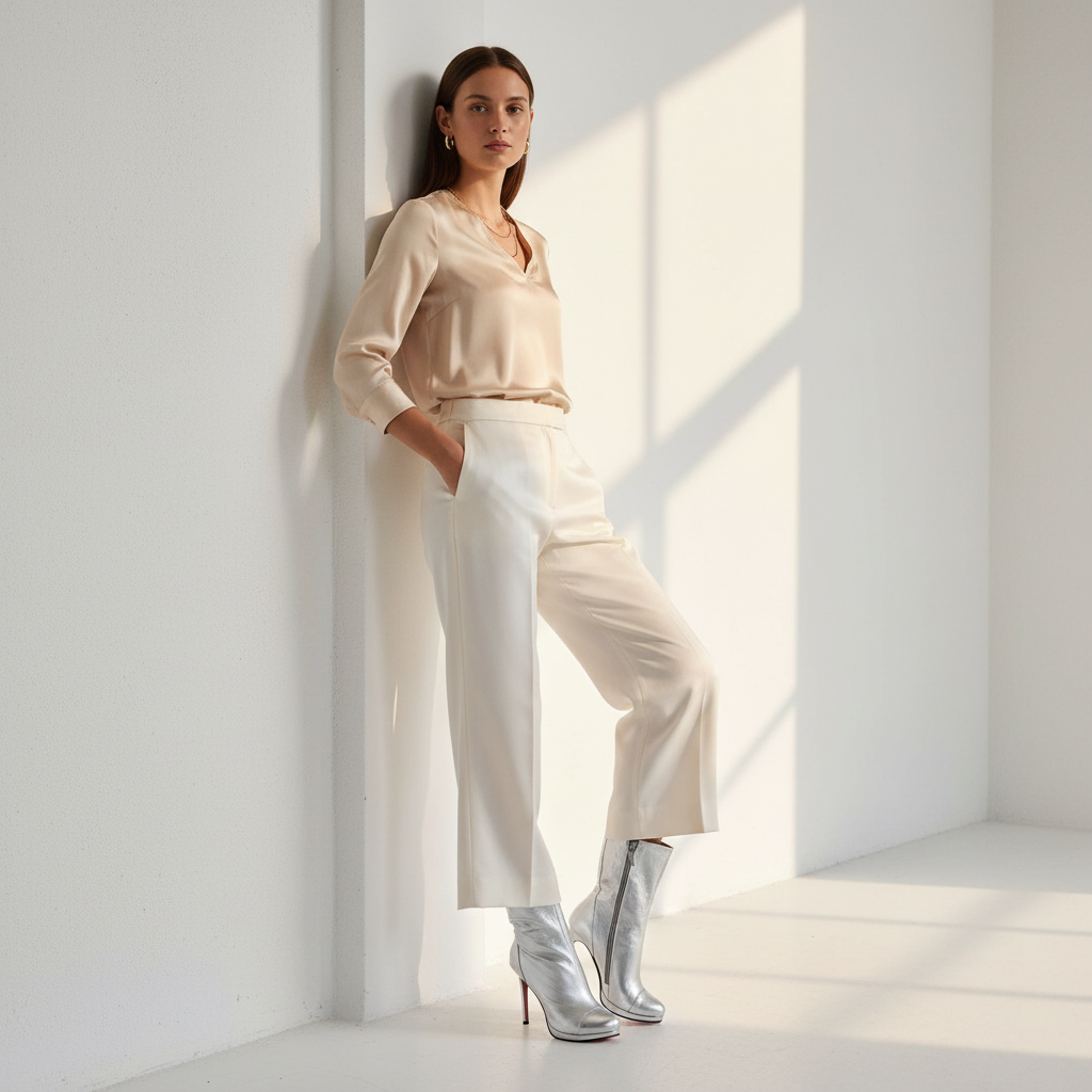 Model leaning against a white wall wearing cream wide leg trousers a silk gold blouse and high heel silver ankle boots.