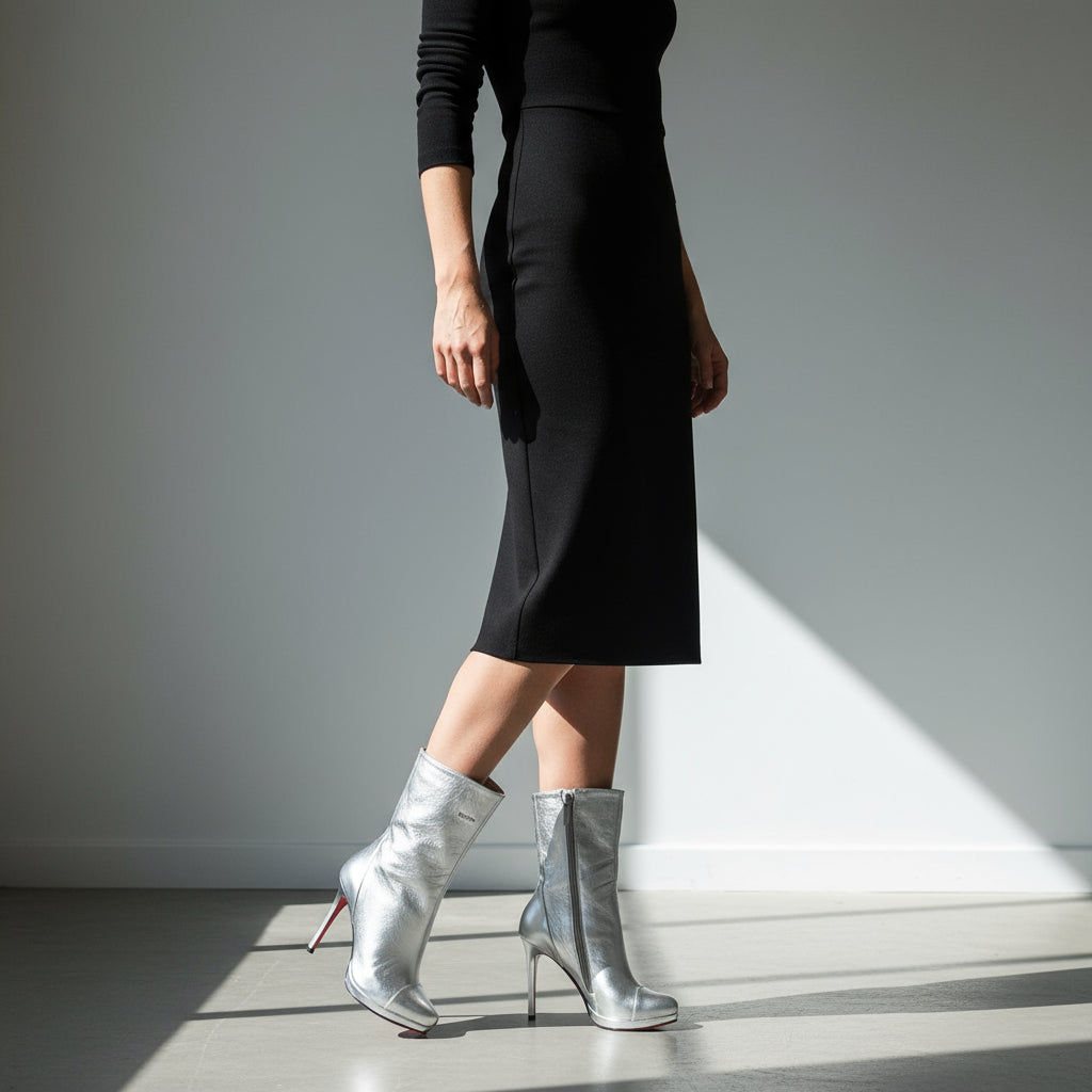 Person wearing a black dress and silver high-heeled boots in a minimalistic setting