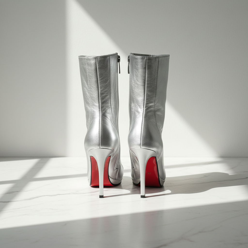 A pair of metallic silver leather knee-high boots with high stiletto heels and bright red soles, photographed from the back on a white marble surface with dramatic diagonal sunlight and shadows.