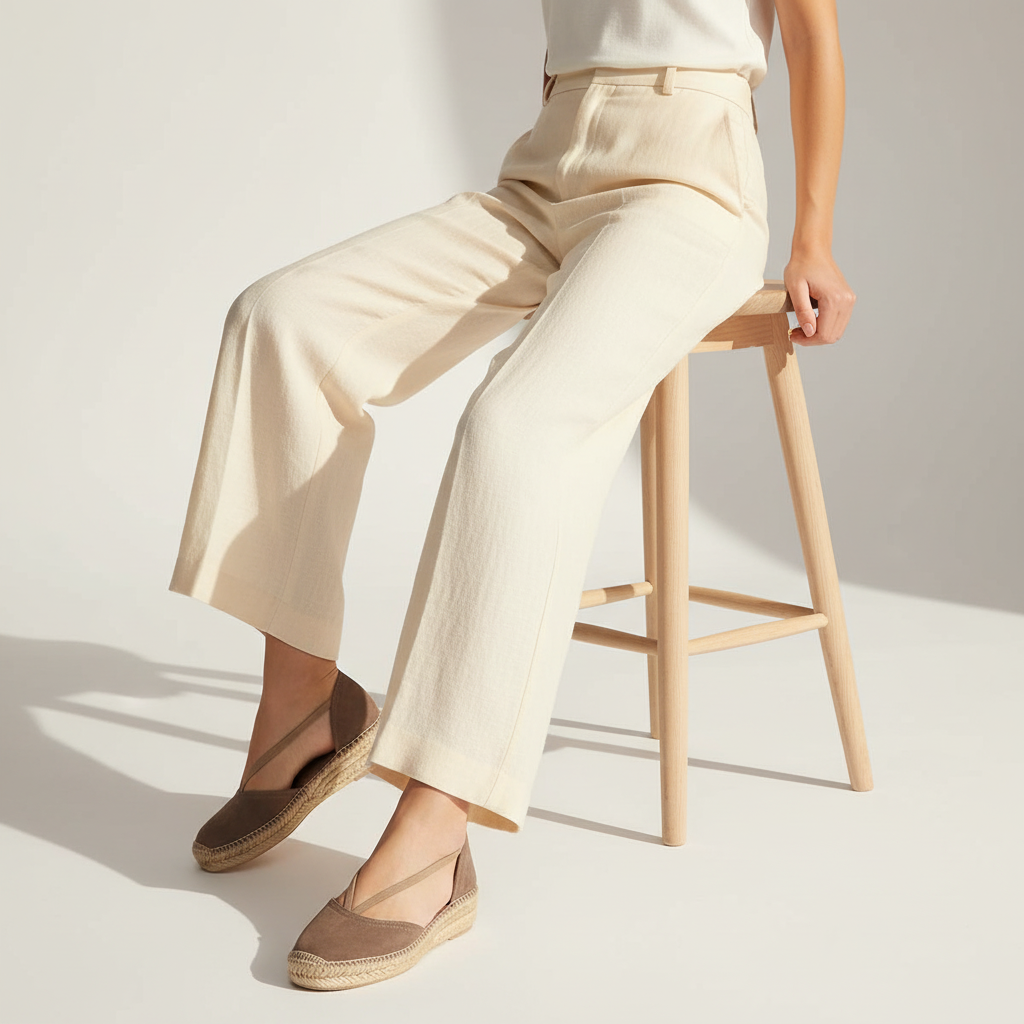 Model sat on a wooden stool wearing cream linen trousers and taupe espadrilles. 