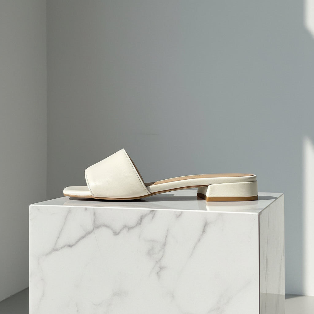 VENICE cream leather slide, 2cm low block heel, padded insole — minimalist mule on marble plinth.