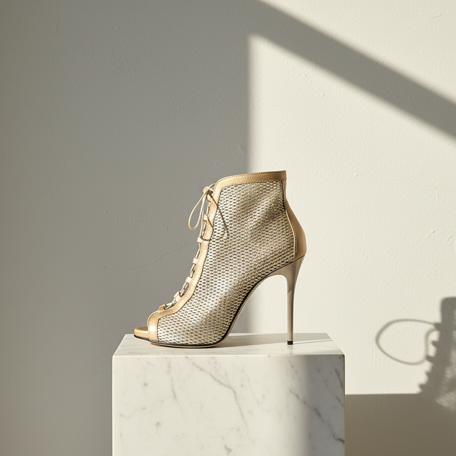 A single high-heeled ankle boot with a metallic gold mesh upper and peep toe, displayed on a white marble pedestal against a warm beige wall with dramatic diagonal shadows.