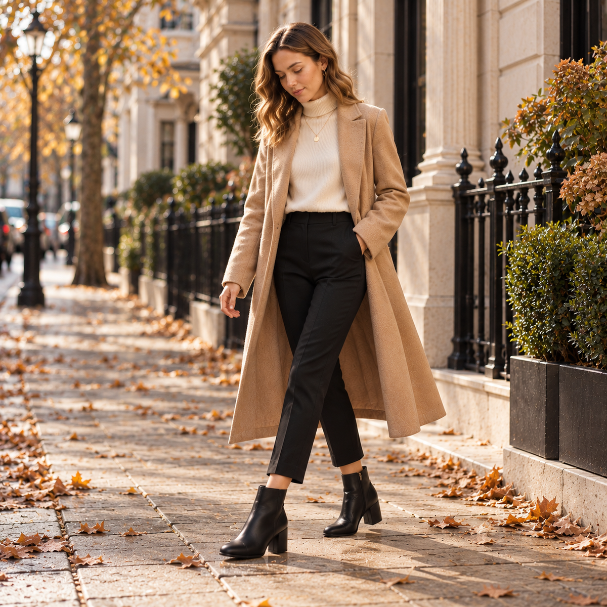Petite woman wearing VERDE black leather heeled ankle boots with a camel coat and cropped trousers on an autumn city street.