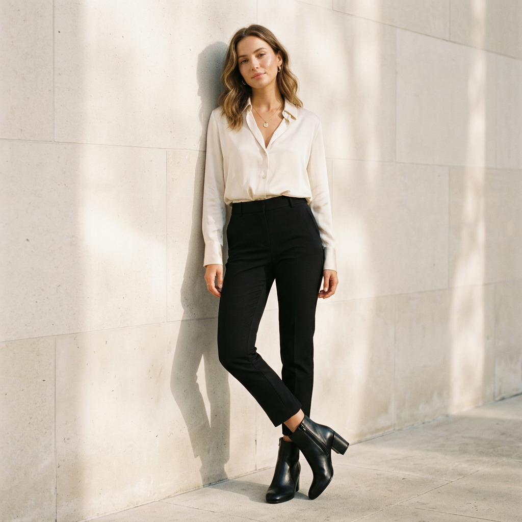 Petite model styling VERDE black leather block heel ankle boots with tailored black trousers and an ivory blouse.