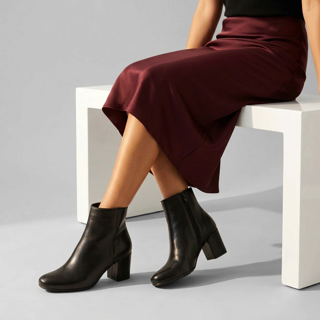 Petite woman seated in a burgundy satin skirt wearing VERDE black leather ankle boots with block heels.