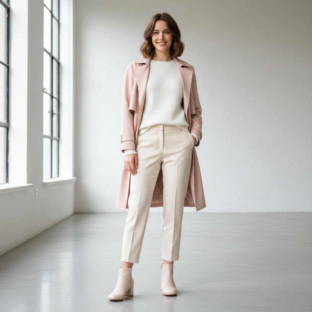 Woman in a light pink coat and pants standing in a minimalistic room with large windows.