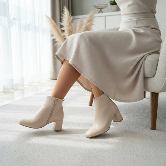 Person wearing beige ankle boots and a long skirt sitting on a chair in a bright room.