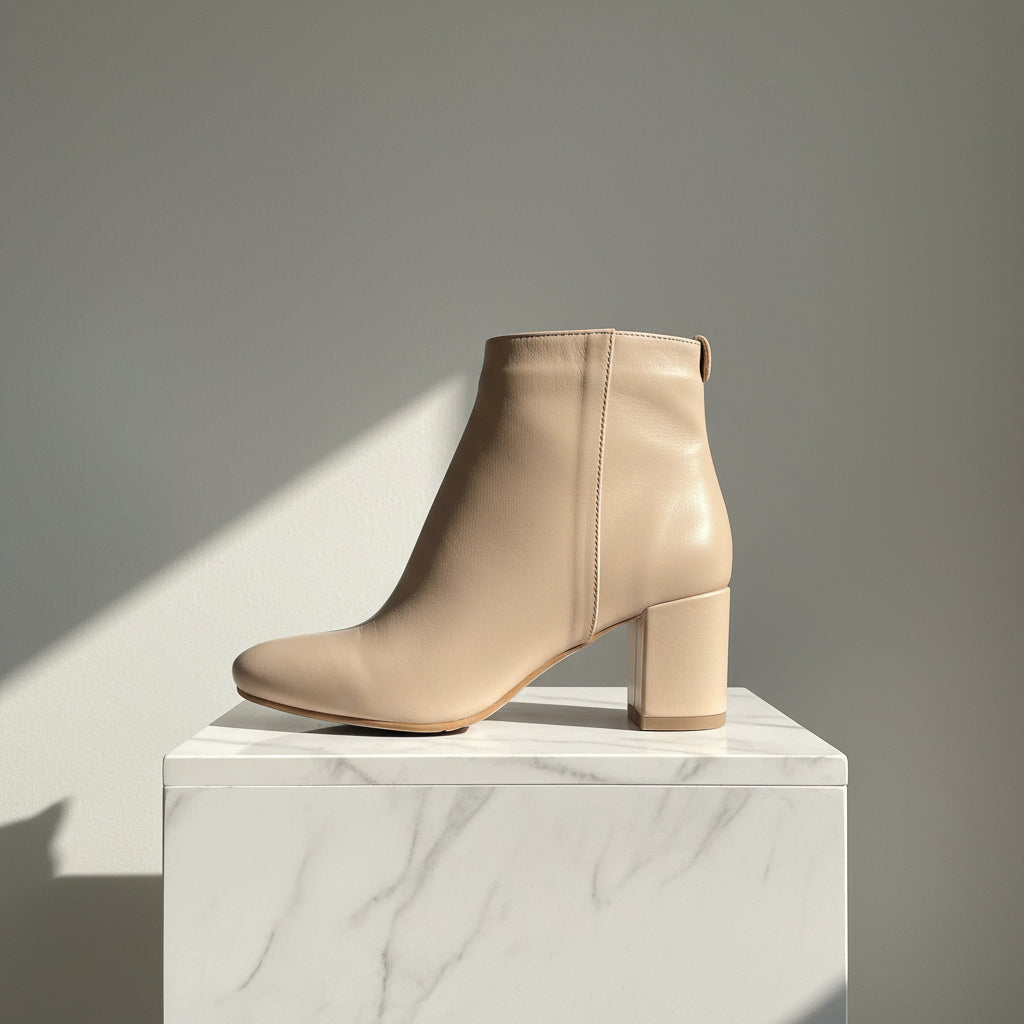 Beige ankle boot on a marble pedestal with a neutral background