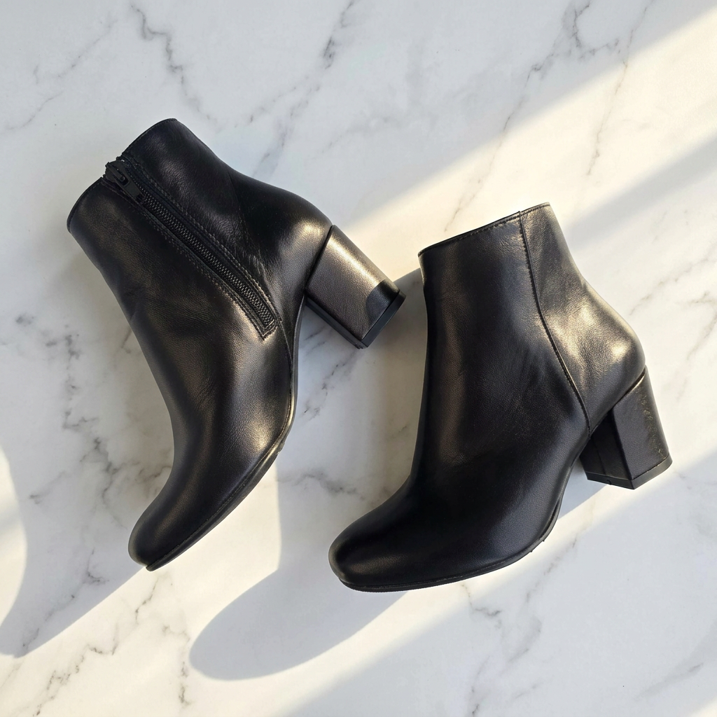 Pair of black leather almond toe ankle boots with a side zip fastening and a block heel, set on a marble surface. 