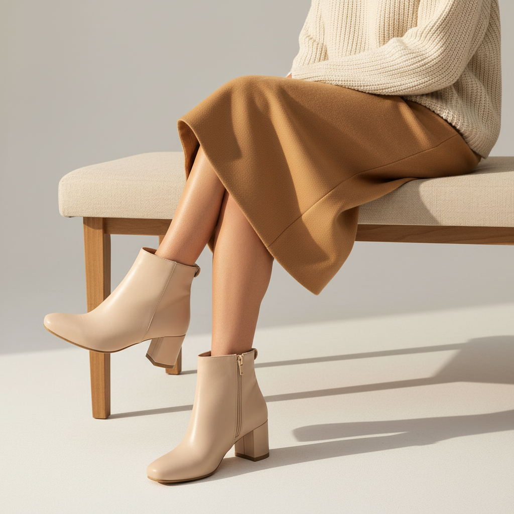 A person seated on a light upholstered bench wearing beige ankle boots with block heels and a cream knit sweater, photographed in a clean studio setting with warm sunlight and shadows.