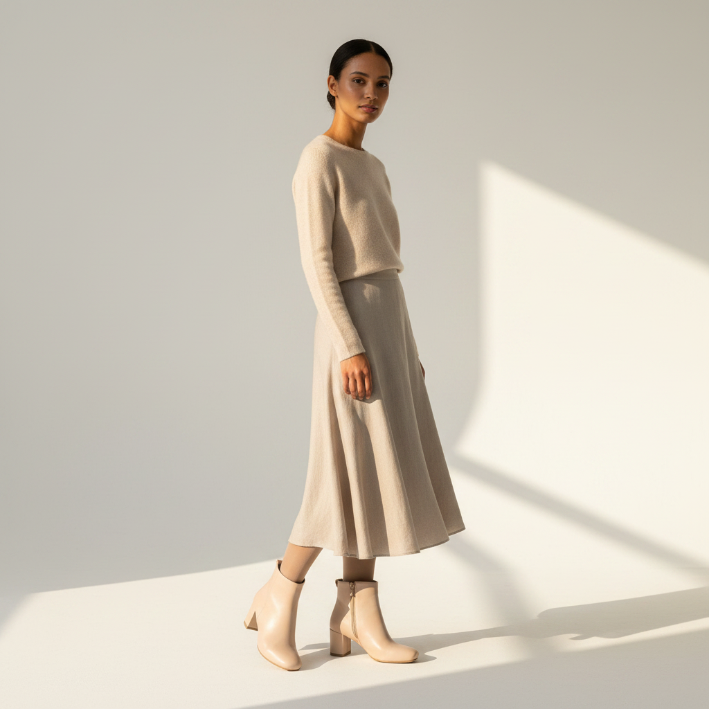 A woman stands in a minimalist studio wearing a light beige knit long-sleeve top and matching midi skirt, paired with beige ankle boots. The scene is lit by warm natural-looking sunlight casting soft shadows on a light gray background.