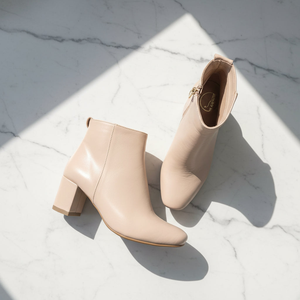 A pair of beige leather ankle boots with block heels, displayed on a white marble surface with sharp shadows.