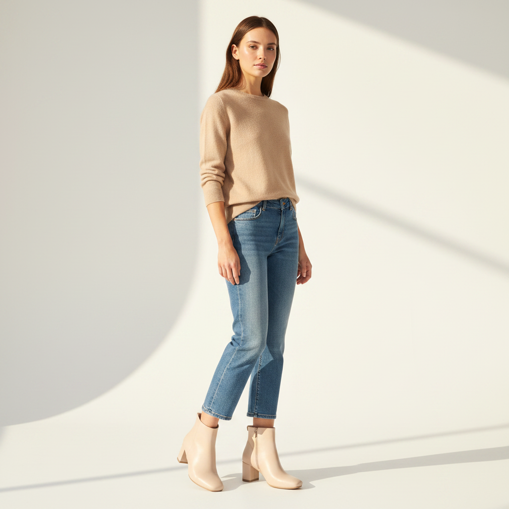 A woman stands in a studio wearing a beige knit sweater, blue straight-leg jeans, and beige ankle boots, posed against a warm off-white background with soft geometric shadows.