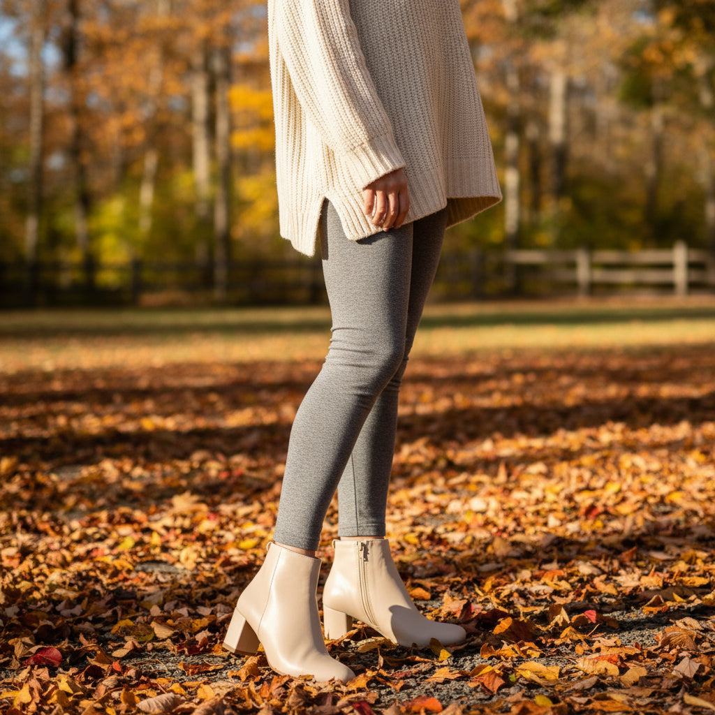 Beige ankle boots worn indoors on a tiled floor
