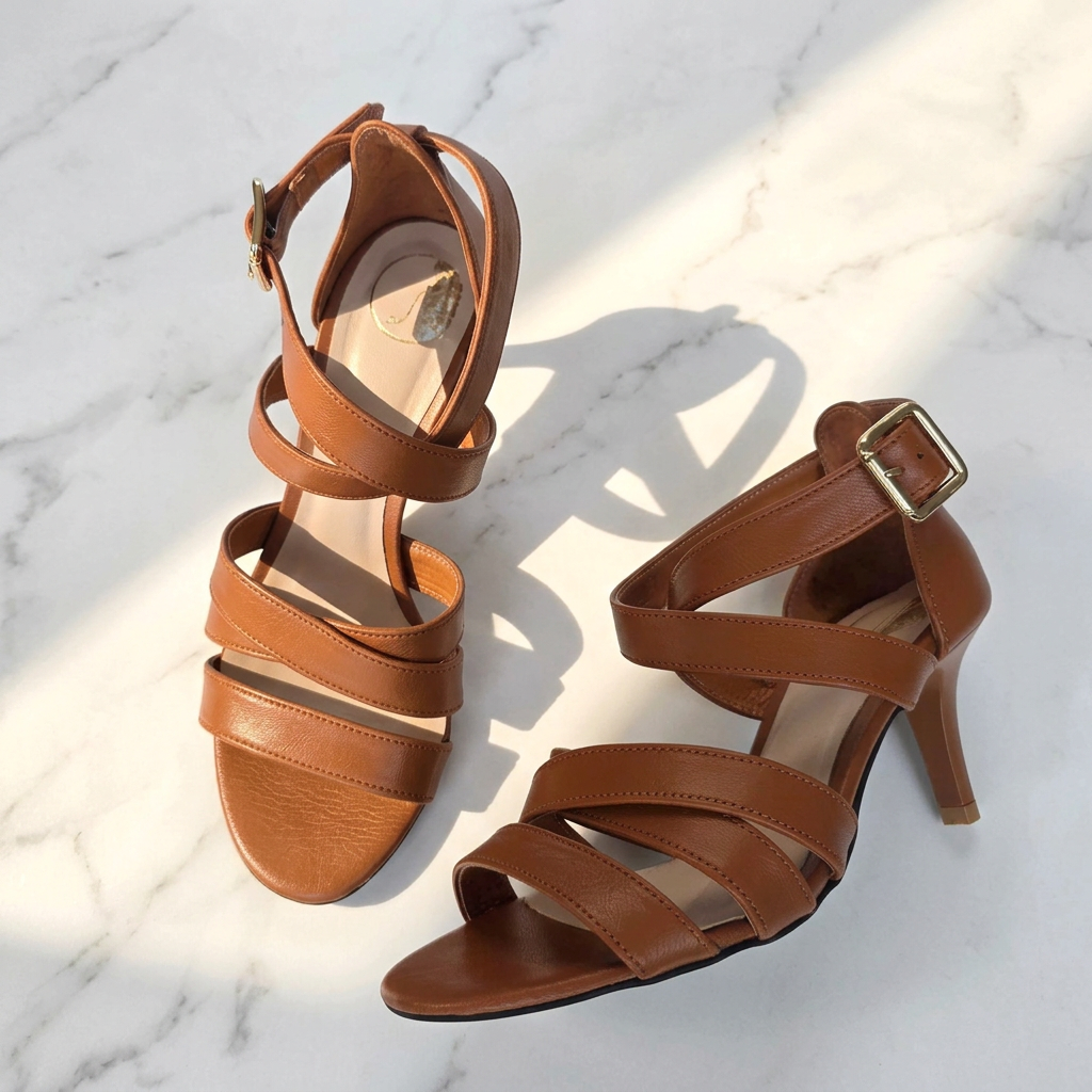 VIRTUE brown leather heeled sandals displayed on white marble, showing crossover straps, gold-tone buckles and slim heels.