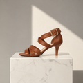 VIRTUE brown leather strappy heels for petite feet, featuring elegant crossover straps, gold buckle and slim heel.