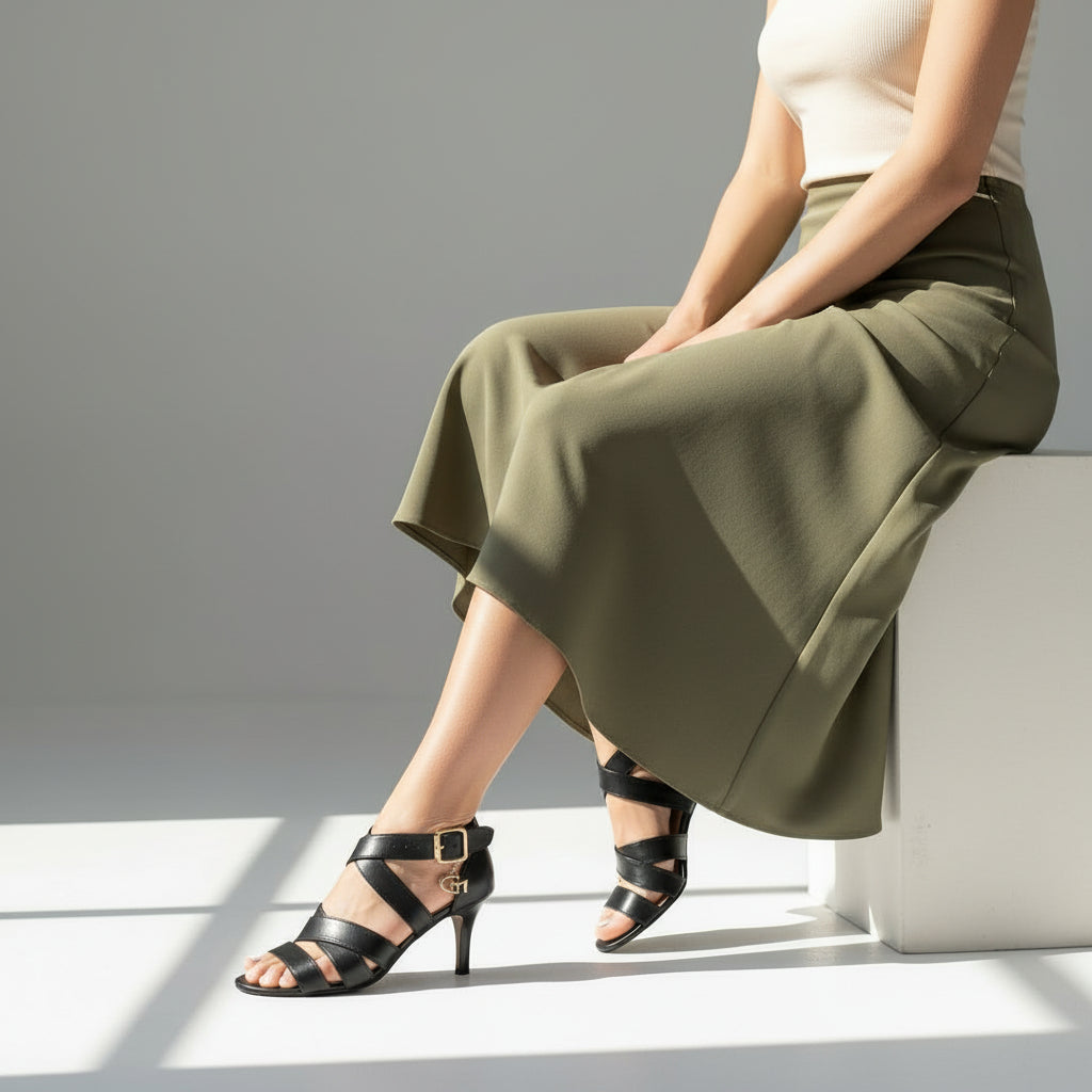 Person wearing green wide-leg pants and black high-heeled sandals on a gray background