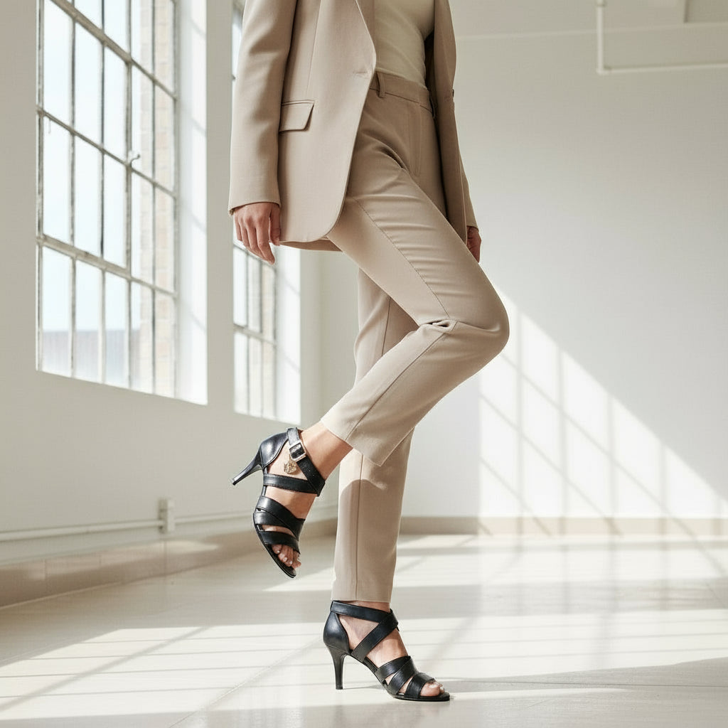 Person wearing a beige suit and black high-heeled shoes in a bright room.