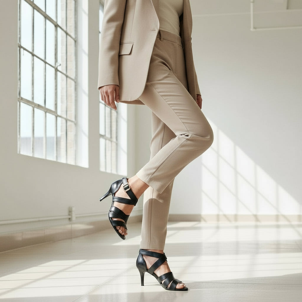 Person wearing a beige suit and black high-heeled shoes in a bright room.