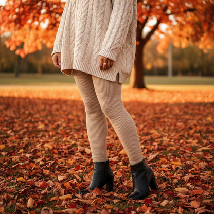 Woman wearing black leather boots with gold studs.