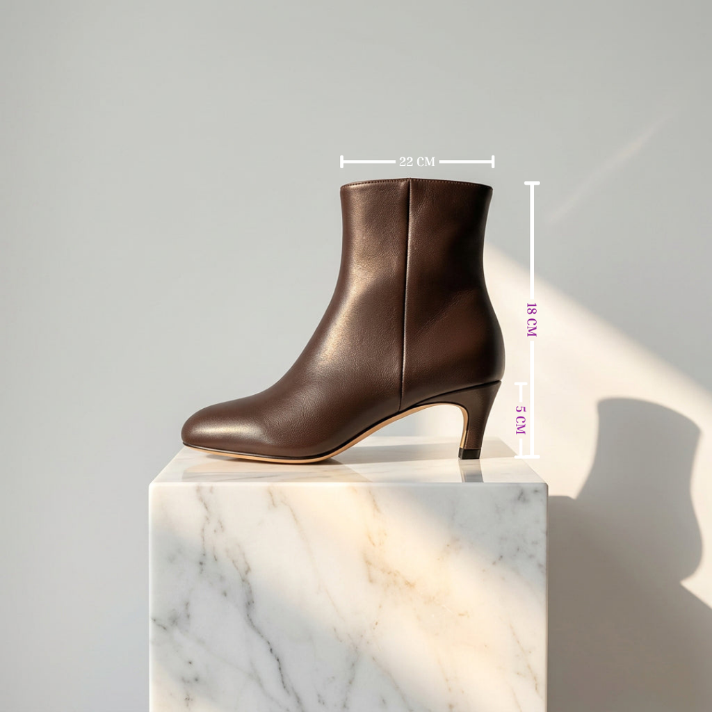Brown leather ankle boot with soft almond toe and elegant kitten heel, displayed in profile on a white marble pedestal. 