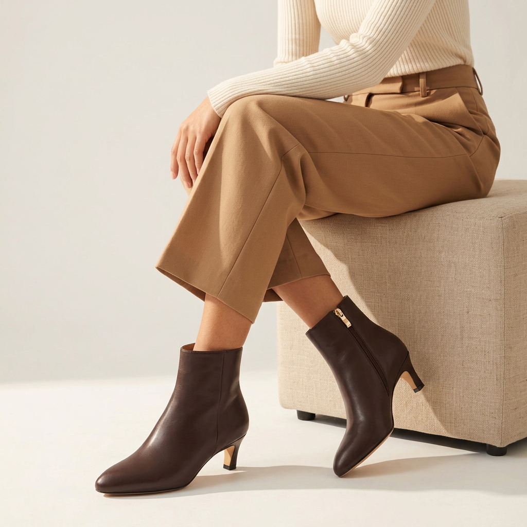 A model sits on a beige upholstered ottoman wearing dark brown ankle boots with kitten heels and gold-tone zipper details, paired with tan trousers and a cream ribbed sweater against a clean light gray studio background.