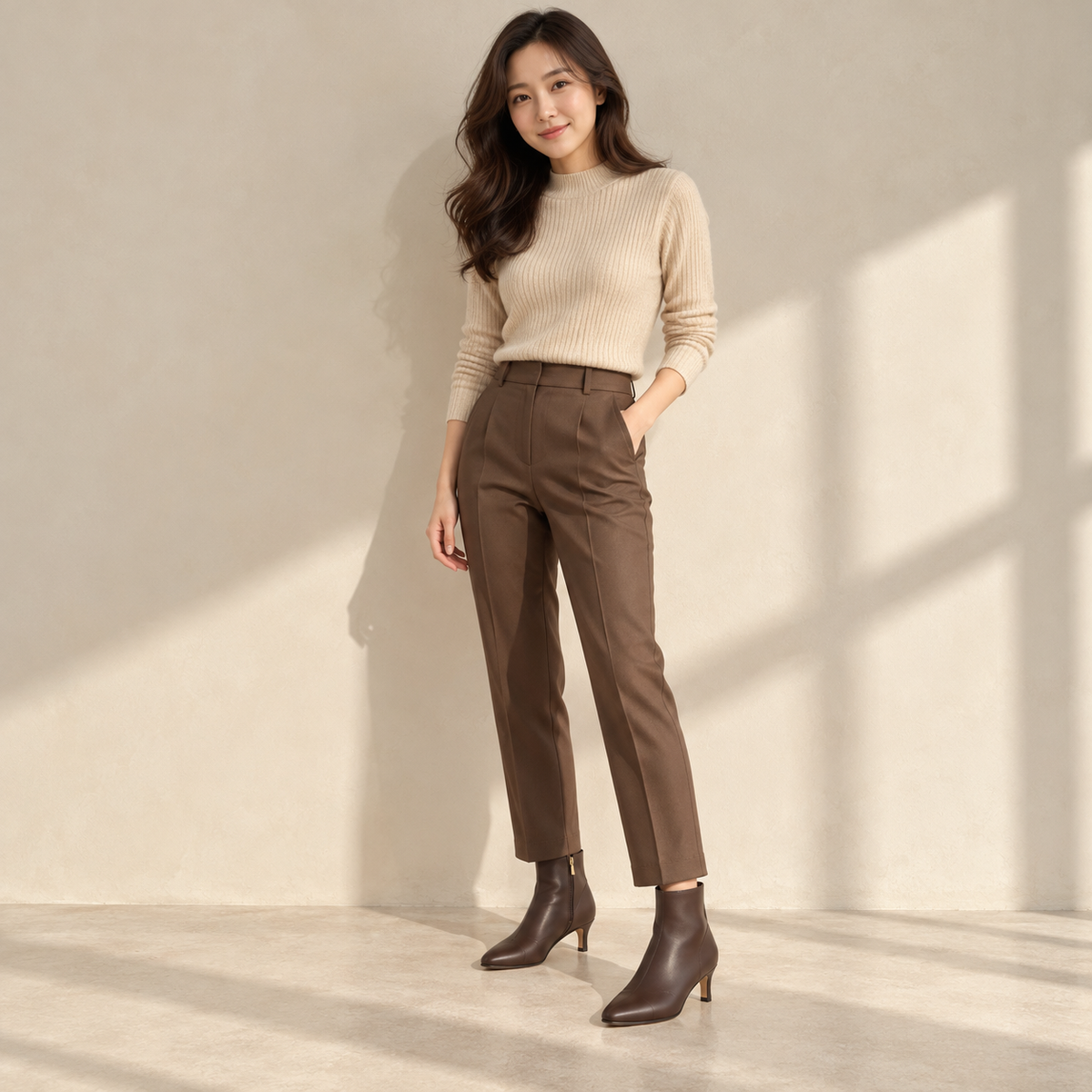 A woman stands in a sunlit studio wearing a beige ribbed knit sweater, brown tailored trousers, and dark brown heeled ankle boots against a warm off-white wall with soft window shadows.