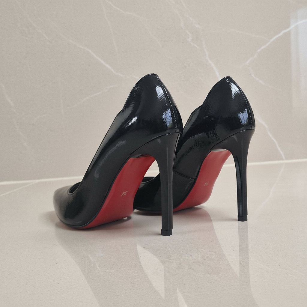 Black high-heeled shoes with red soles on a light gray surface
