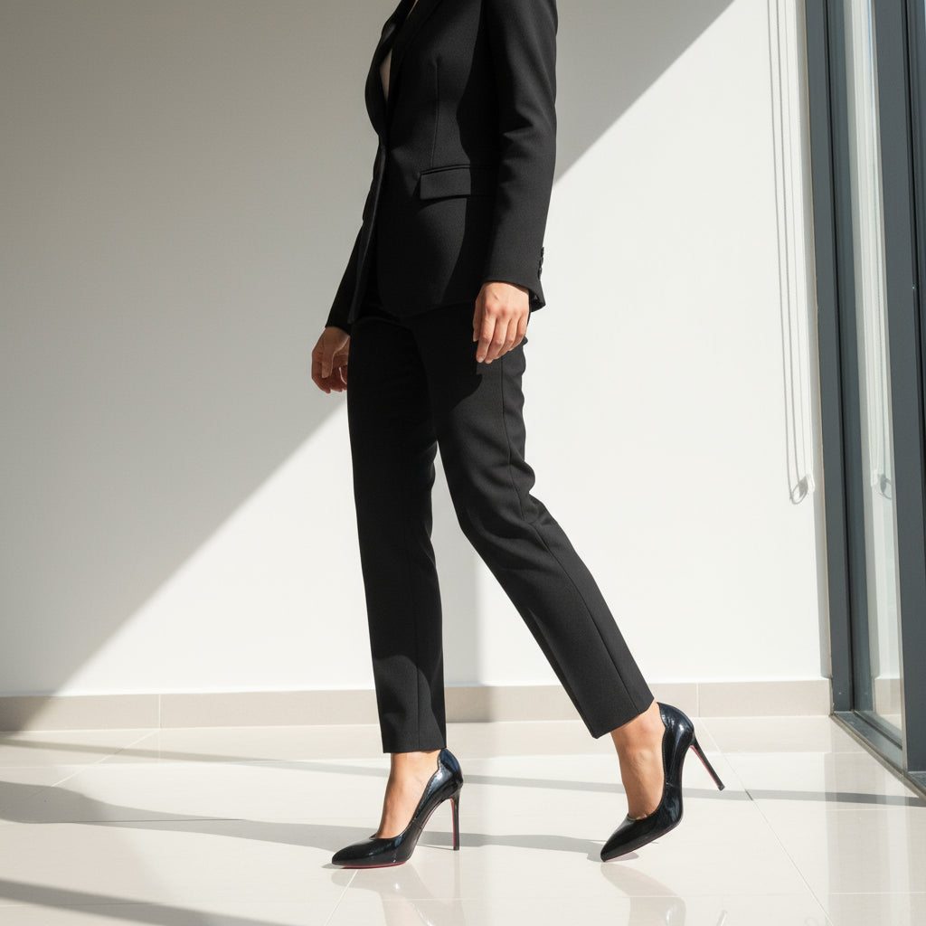 VOID black patent pumps with tailored suit, cut-out ankle and red sole detail.