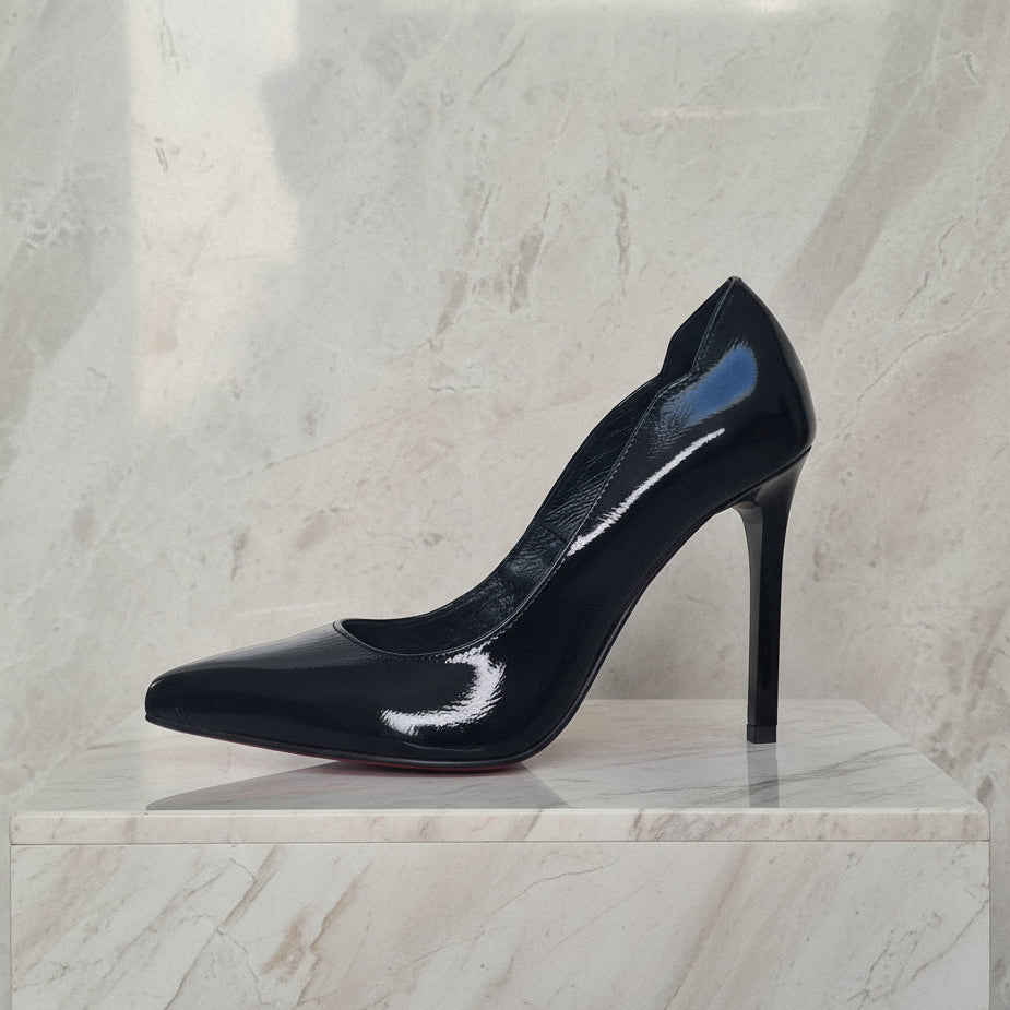 VOID black patent petite pump, side profile with 9cm stiletto and red sole.