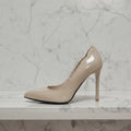VOID nude patent petite pump, side profile, 9cm stiletto and cut-out ankle.