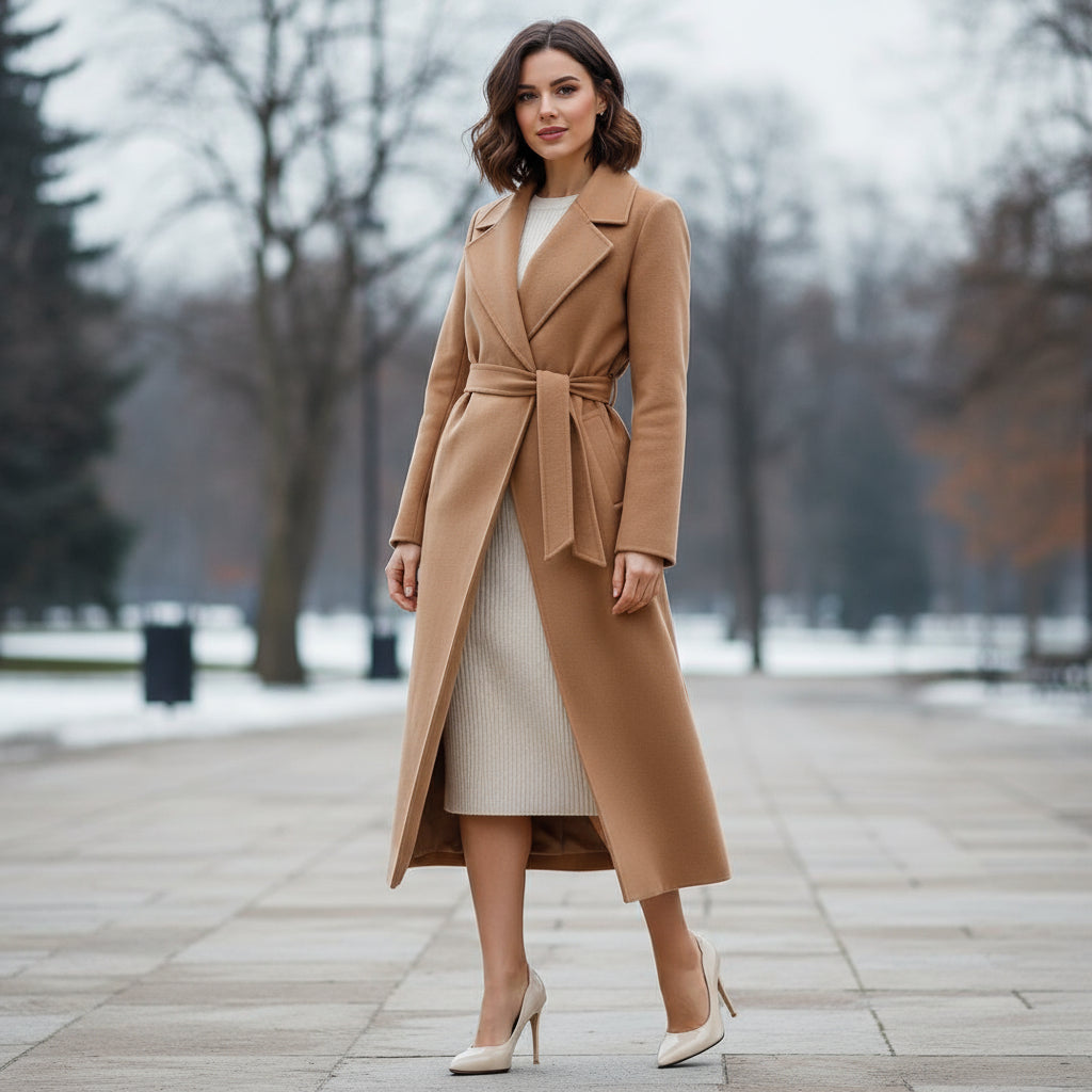 VOID nude patent petite pumps styled with a camel coat for leg-lengthening look.