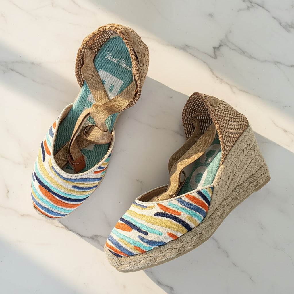Colorful striped wedge sandals with jute sole on a marble surface