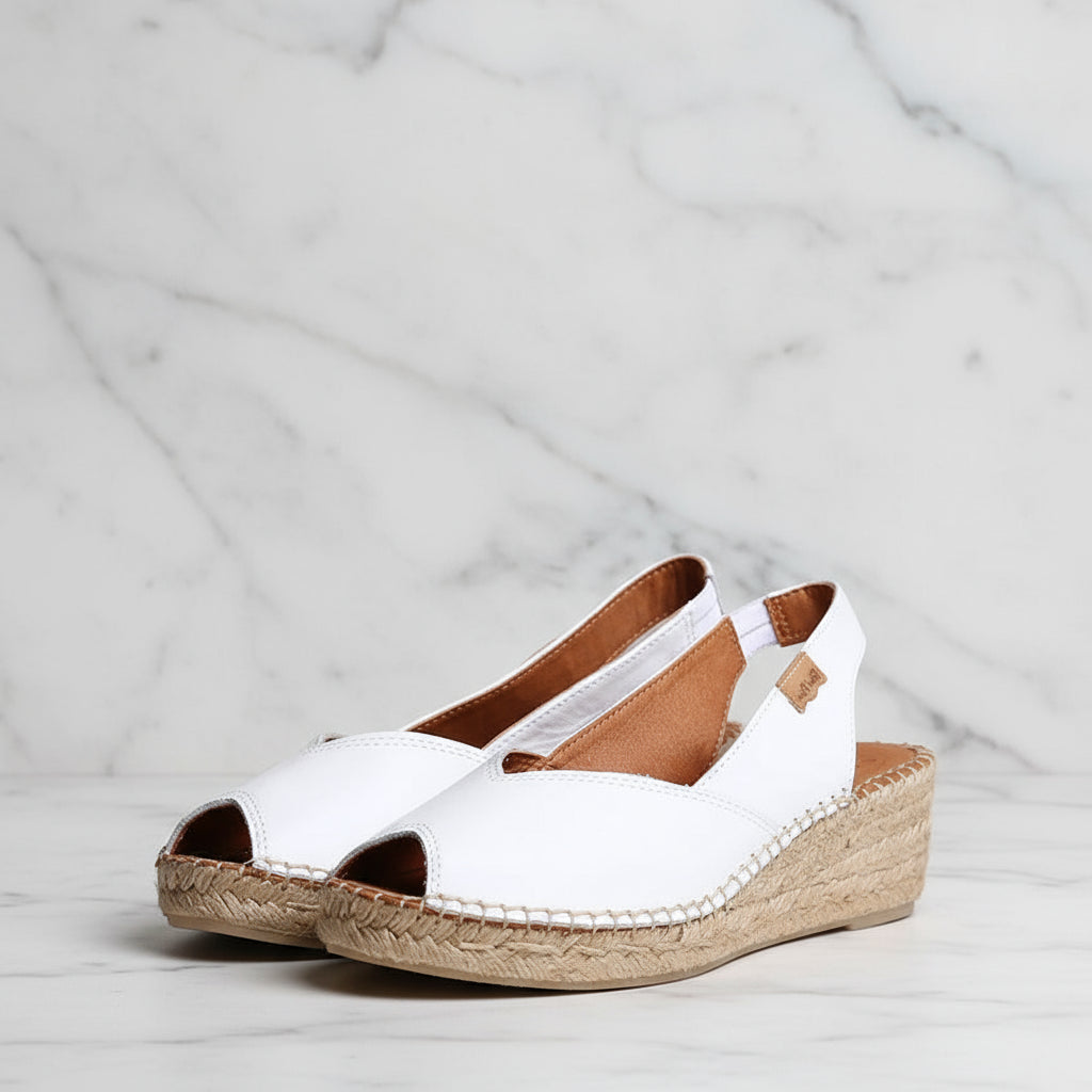 LEILA white leather peep-toe espadrille wedges in small sizes, featuring slingback design and comfortable 5cm jute platform