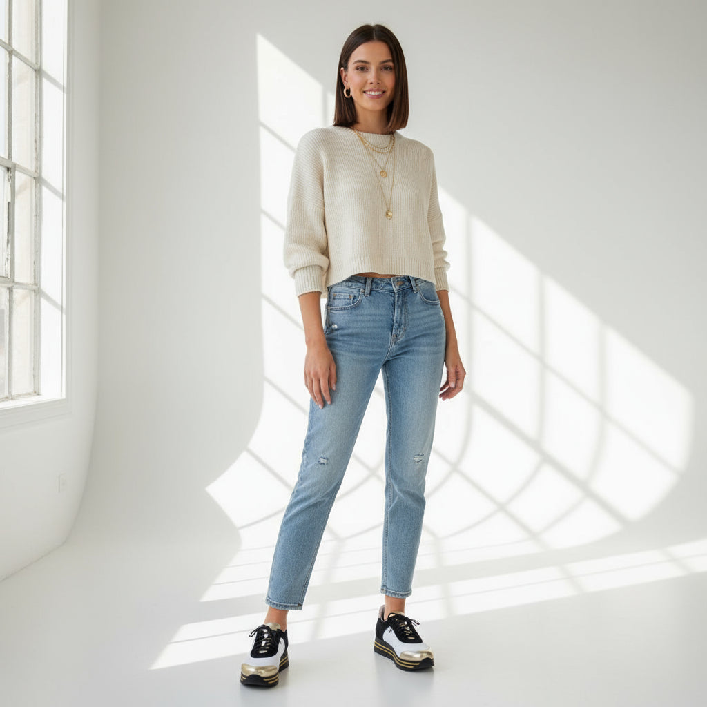 Woman wearing a white sweater and blue jeans standing in a bright room with sunlight filtering through.
