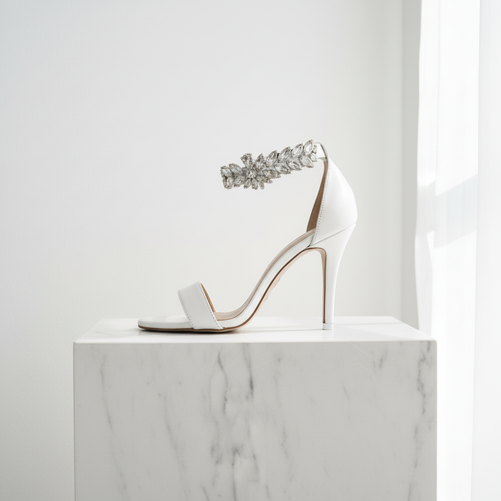 White high-heeled sandals with crystal embellishments on a marble surface