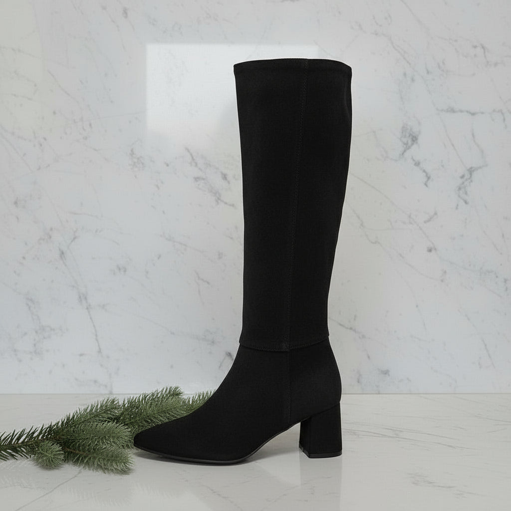 WINTER black suede petite knee boot, side view with 6cm heel and pointed toe.