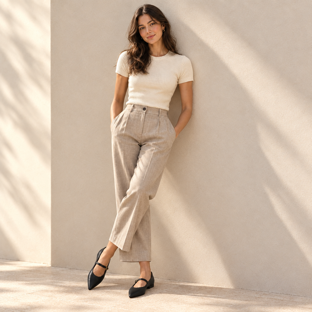A woman stands against a sunlit beige wall wearing a fitted cream short-sleeve ribbed top, light beige wide-leg trousers, and black flat shoes.